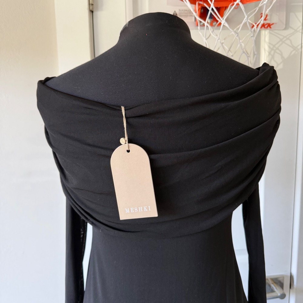 MESHKI Josie Off Shoulder Mesh Maxi Dress Black Women's Long Sleeve Size M - Picture 13 of 16